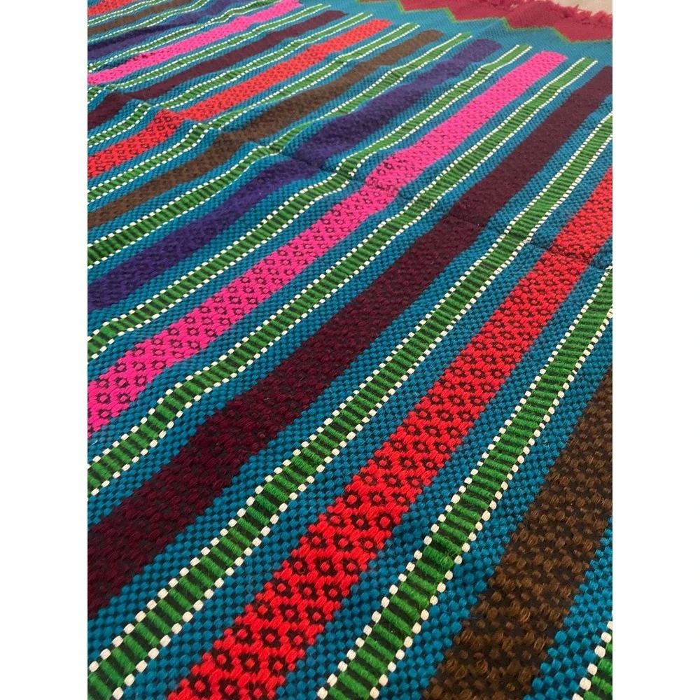 Vintage Mayan Blanket Rug Guatemalan‎ Mexican Wool Frazada Striped Fringe